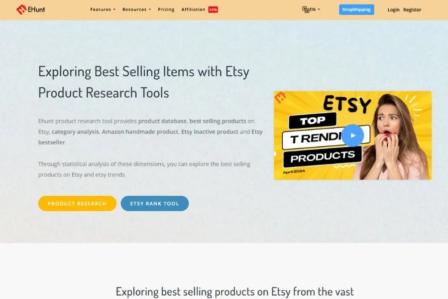 EHunt is designed to explore best-selling items on Etsy