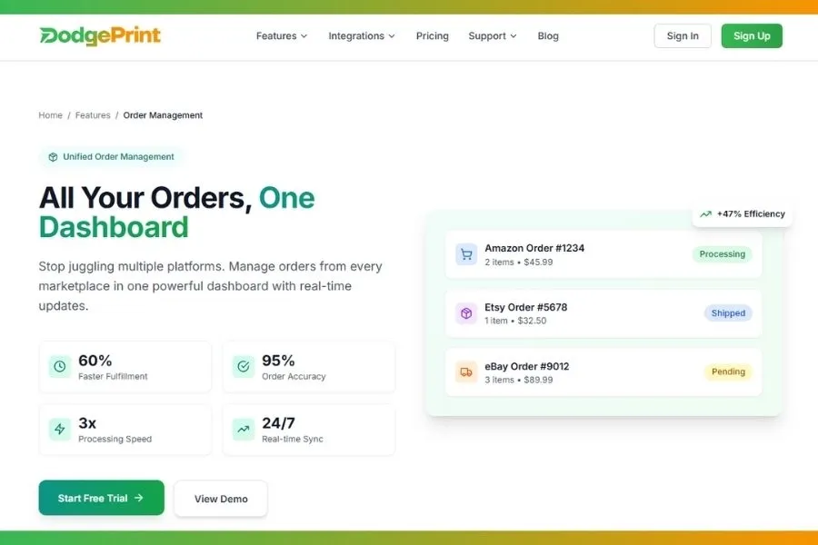 Process hundreds of orders with only a few clicks with DodgePrint