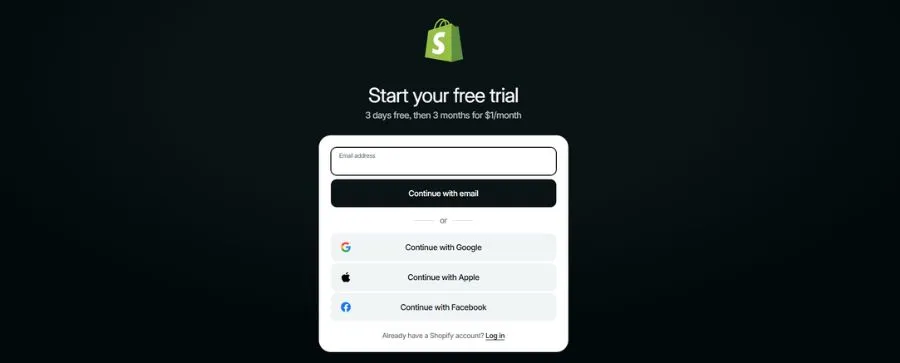 Start your free trial for 3 days with Shopify