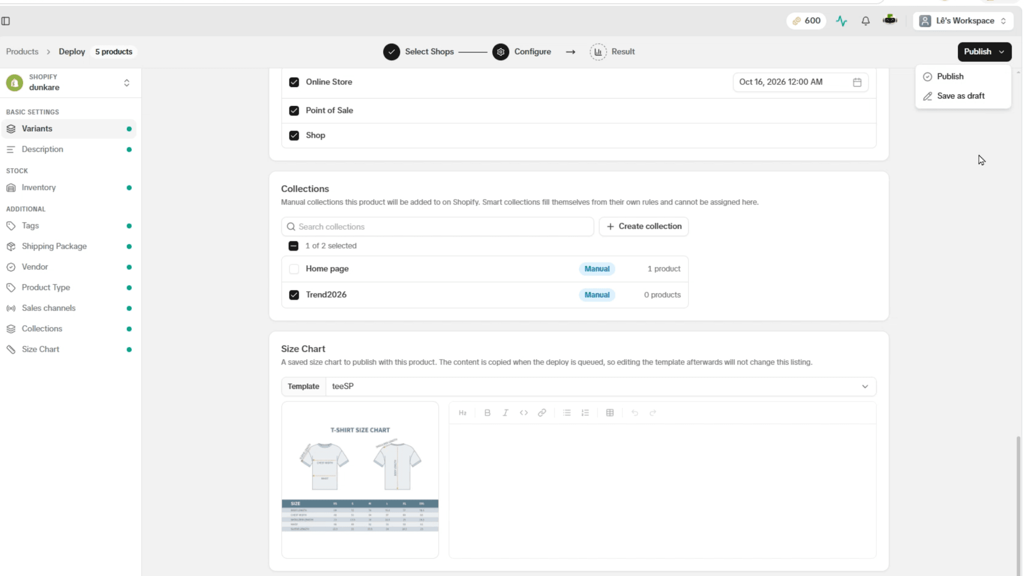 DodgePrint Bulk Listing Shopify interface with Collection and Size Chart