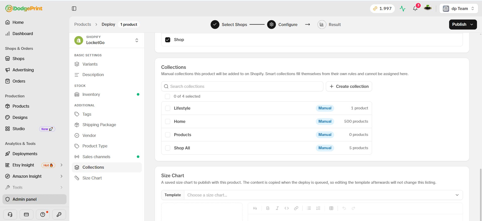 DodgePrint Collection interface when listing on Shopify