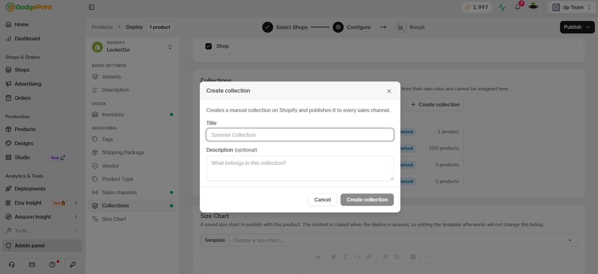Creating a new Collection when deploying Shopify products on DodgePrint