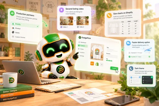 Production partners, a second listing video, Shopify size charts, a faster delivery option and a dark theme