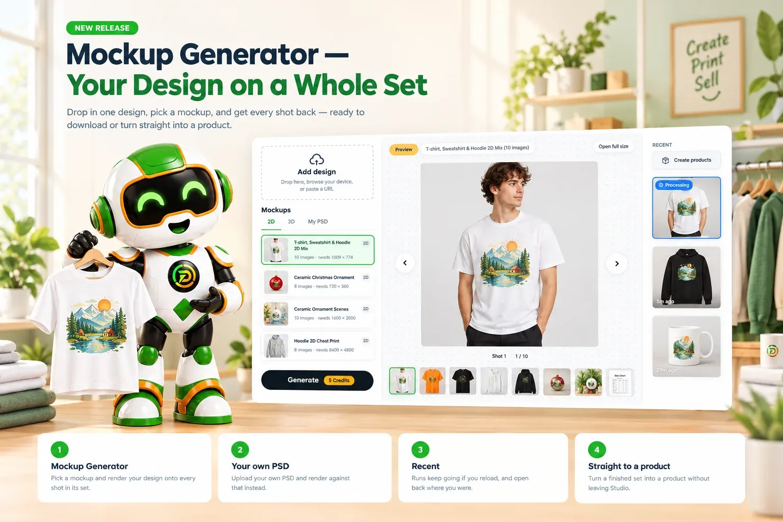 One design rendered onto a whole set of mockups, with the run tracked in Recent