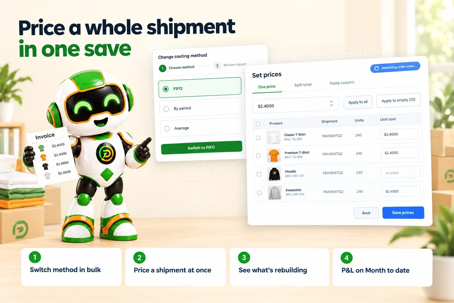 Costing method switched across a whole selection, with a shipment priced in one save