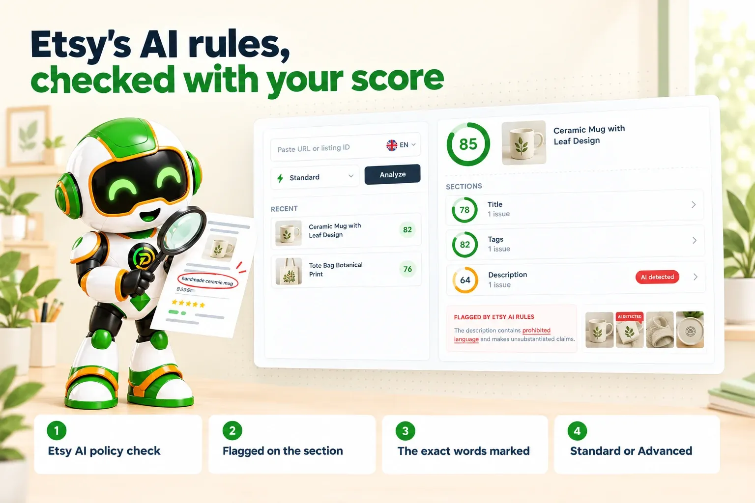 SEO Analyze flagging Etsy AI policy findings on a listing's sections