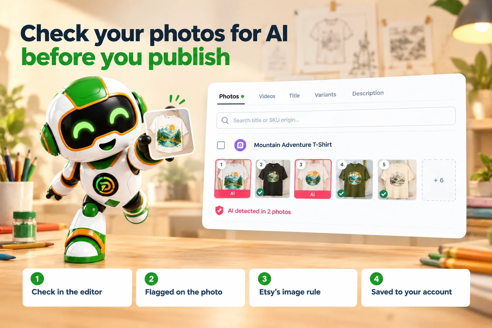 Checking a listing's photos for AI-generated images inside the DodgePrint listing editor