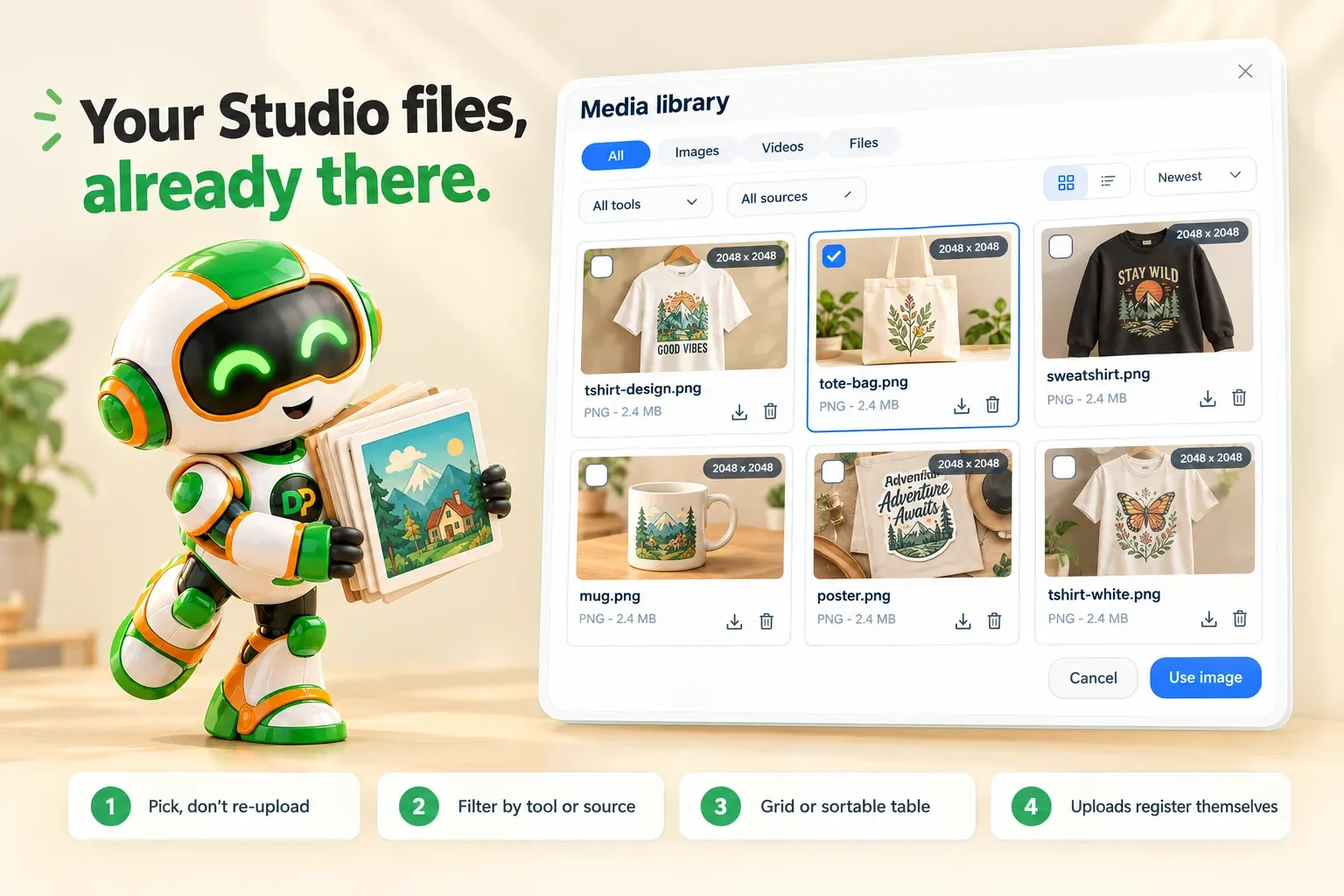 The Media library picker open over Mockup Generator, showing files Studio generated and files uploaded to it