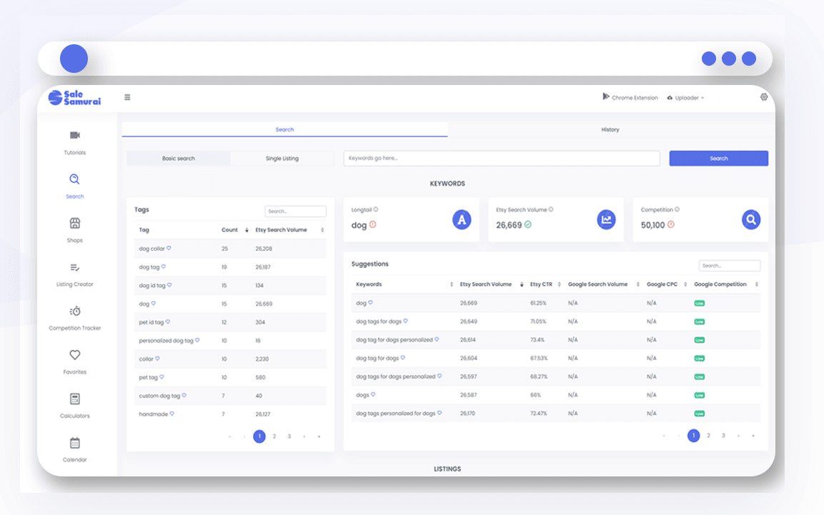 Sale Samurai is a long-tail keyword research tool for Etsy sellers