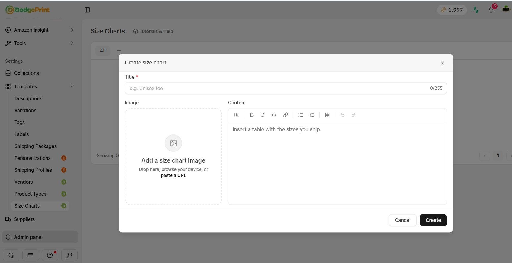 DodgePrint Size Chart creation interface